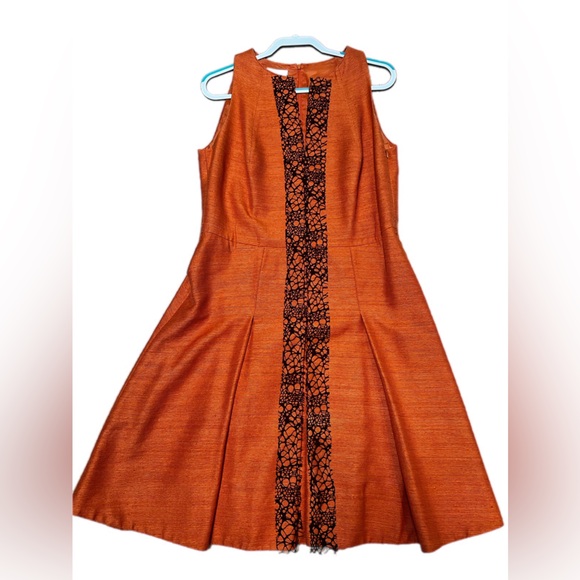 RARE Vintage Akris Punto silk orange knee-length pleated flared dress lace - Picture 1 of 12